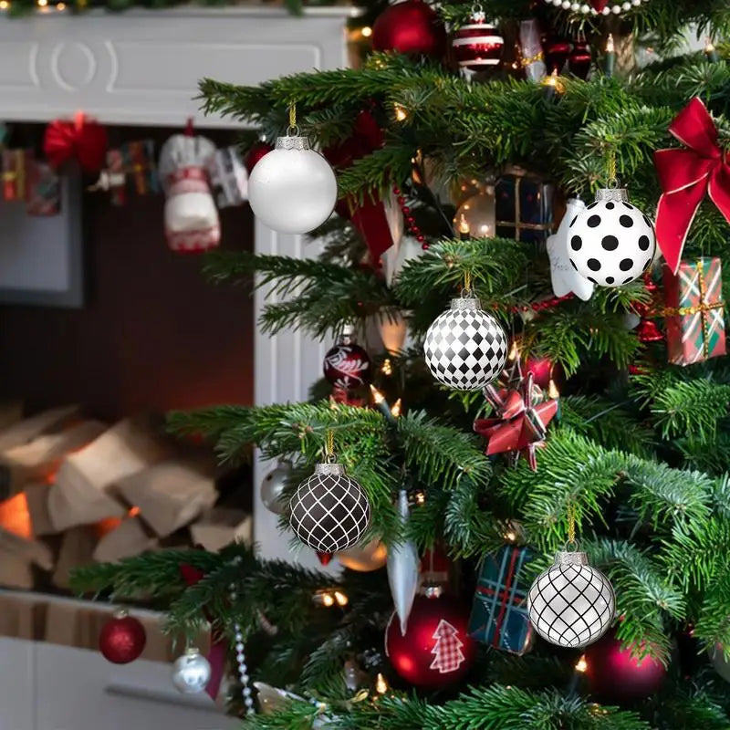 Christmas tree decorated with various silver and red ornaments including polka dot balls and plaid accents