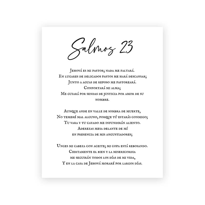 A canvas wall art print featuring the Spanish Bible verse Psalm 23 in elegant script on a white background.