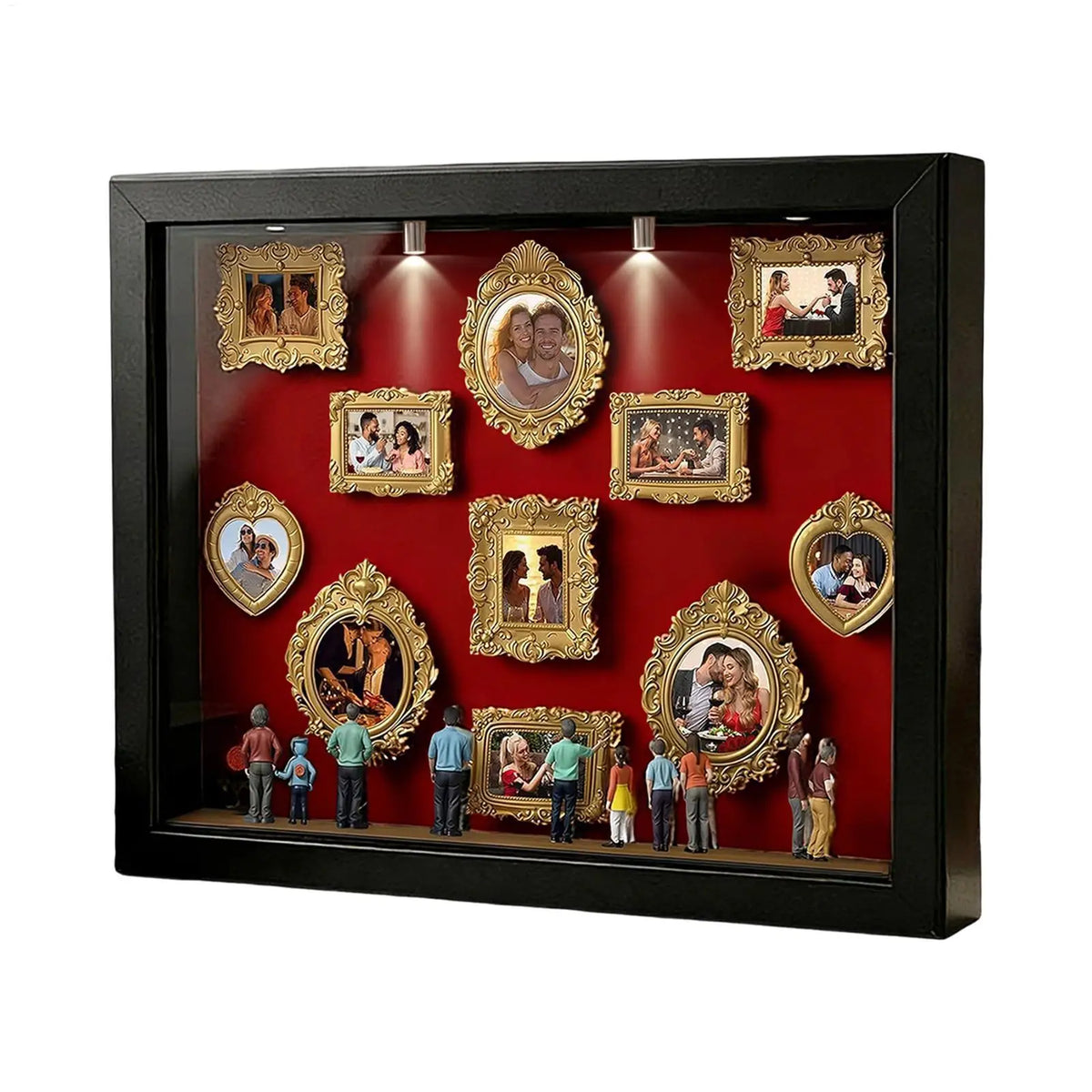 A black display frame featuring multiple framed photos with gold ornate borders and internal lighting.
