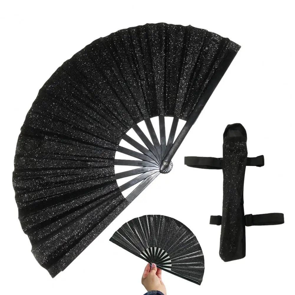 A black glitter holographic hand fan is shown open, with a closed fan and the handle separately displayed.