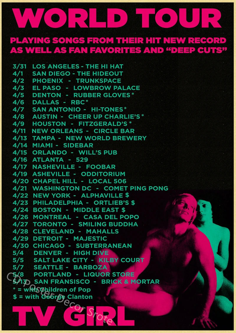 A vintage music poster titled World Tour featuring various band names and tour dates in bold text on a black background.
