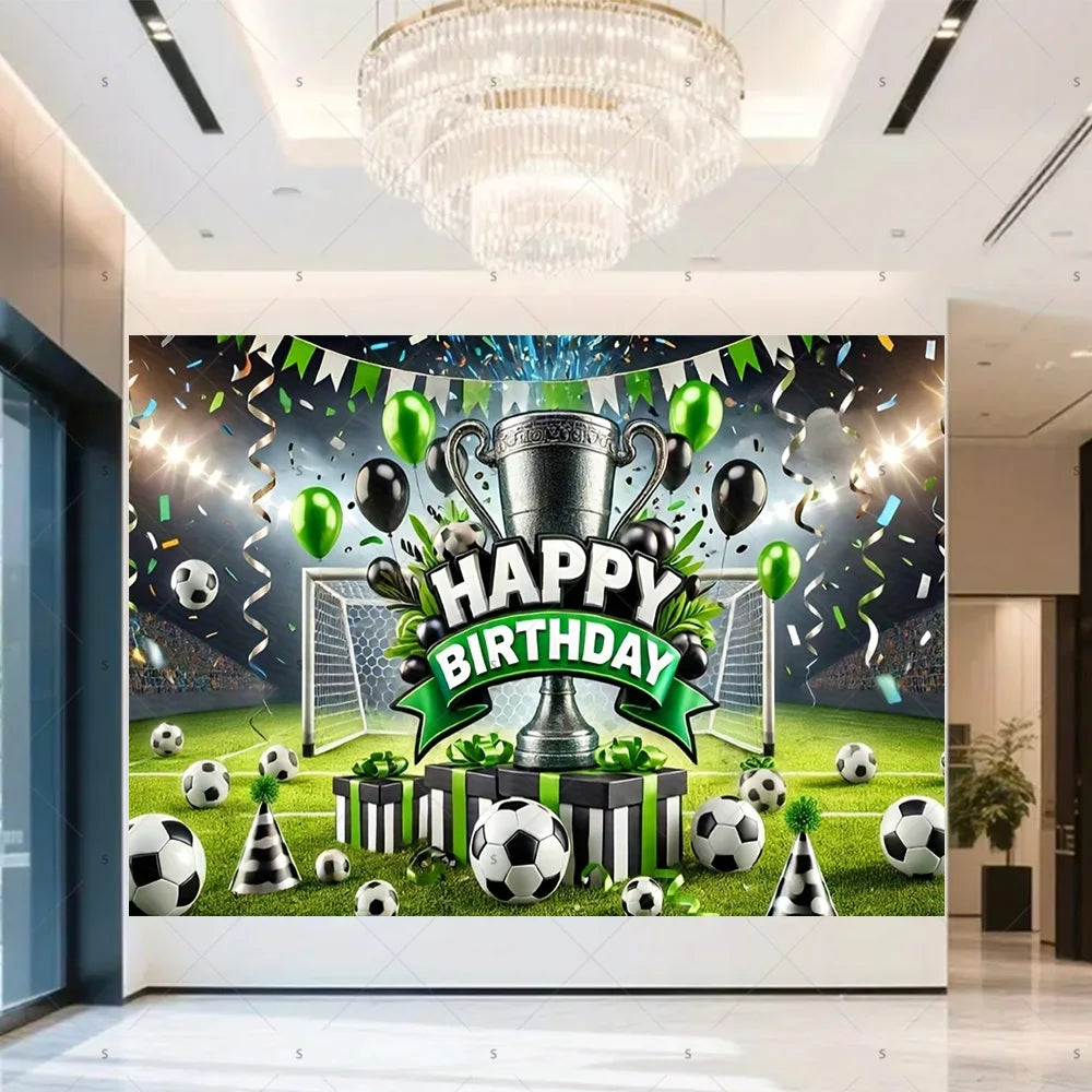 A football themed birthday backdrop banner featuring a trophy, crowns, and green balloons on a green field.