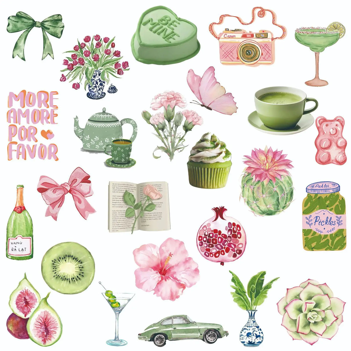 Collection de autocollants vintage esthétiques avec divers éléments botaniques, aliments et objets décoratifs.