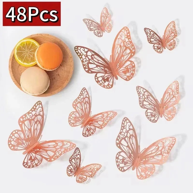 A set of 48 3D hollow butterfly wall stickers in gold and silver metallic decor with a slice of lemon.