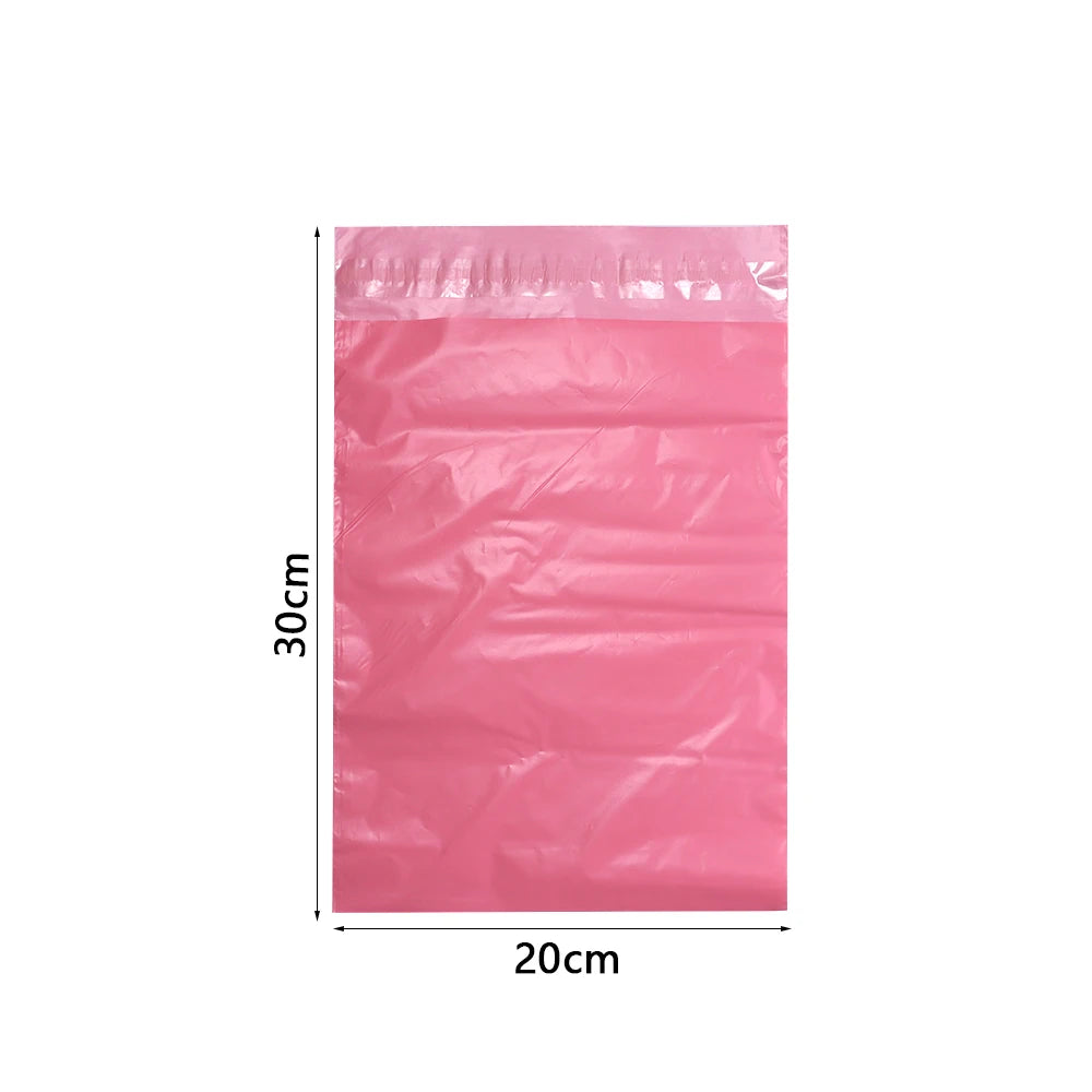 A rectangular pink plastic self-adhesive shipping pouch with dimensions 30cm by 20cm.
