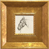 A framed pencil sketch of a horse's head in a gold picture frame.