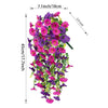 A vertical display of artificial hanging silk morning glory flowers in shades of purple and pink.