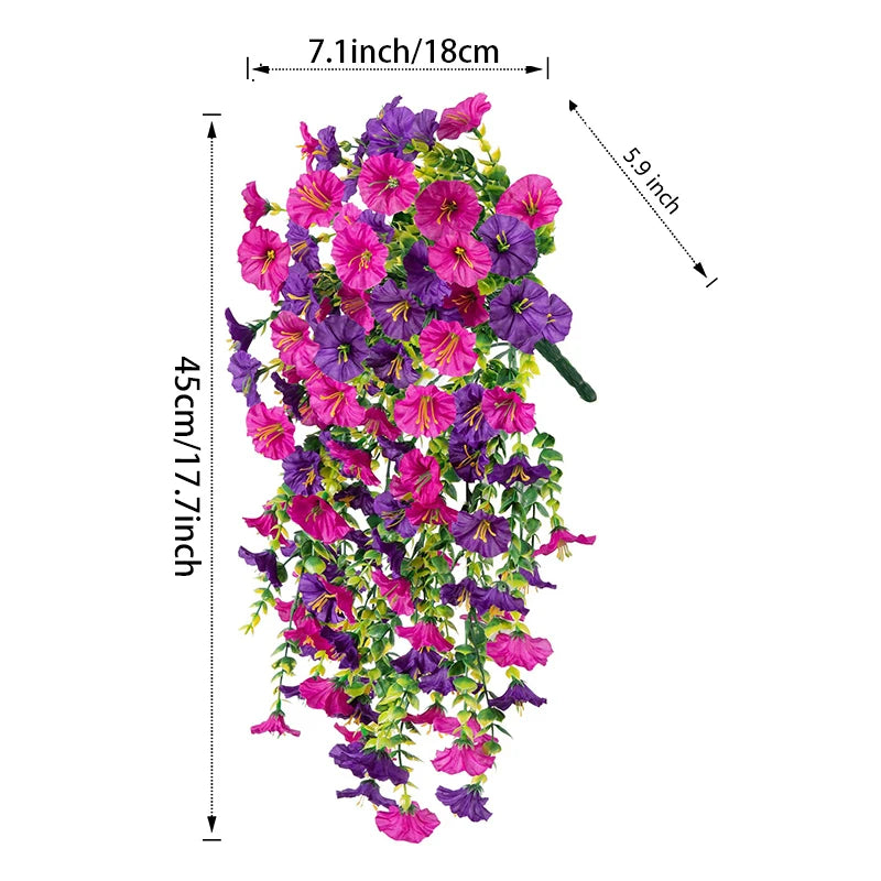 A vertical display of artificial hanging silk morning glory flowers in shades of purple and pink.