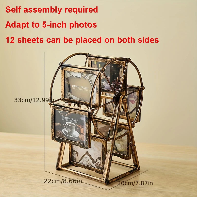 A vintage resin rotating photo frame with multiple slots for displaying photos.