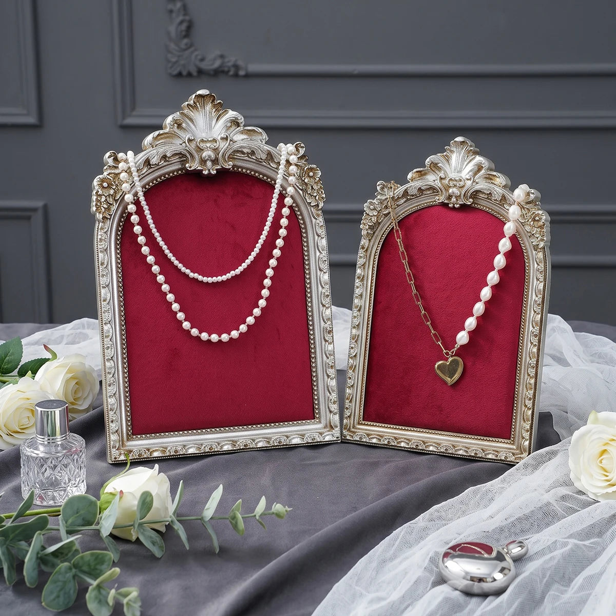 European-Style Velvet Jewelry Display Stand with Silver-Plated Floral Detail