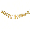 Elegant black and gold glitter birthday banner spelling out Happy Birthday