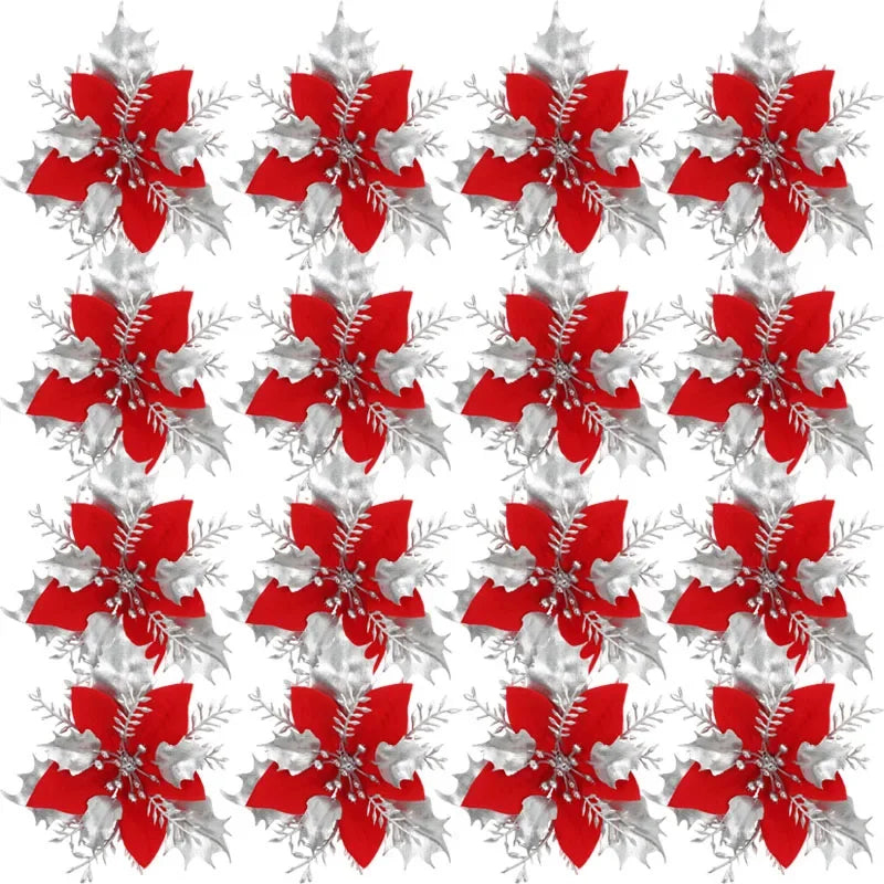 Glitter Christmas Flower Ornaments with Clips (Set of 5)