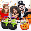 A set of Halloween trick or treat candy bags with handles featuring pumpkin and spooky designs.