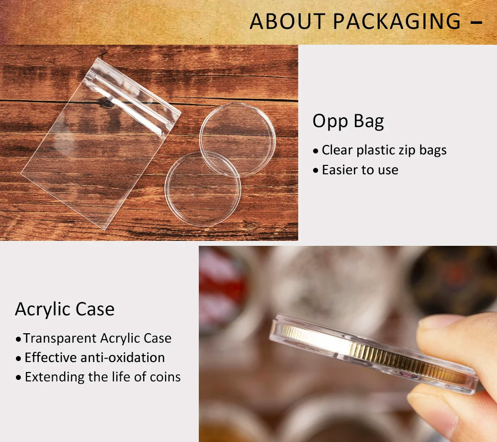 Various packaging options including an opp bag and a transparent acrylic case for commemorative coins.