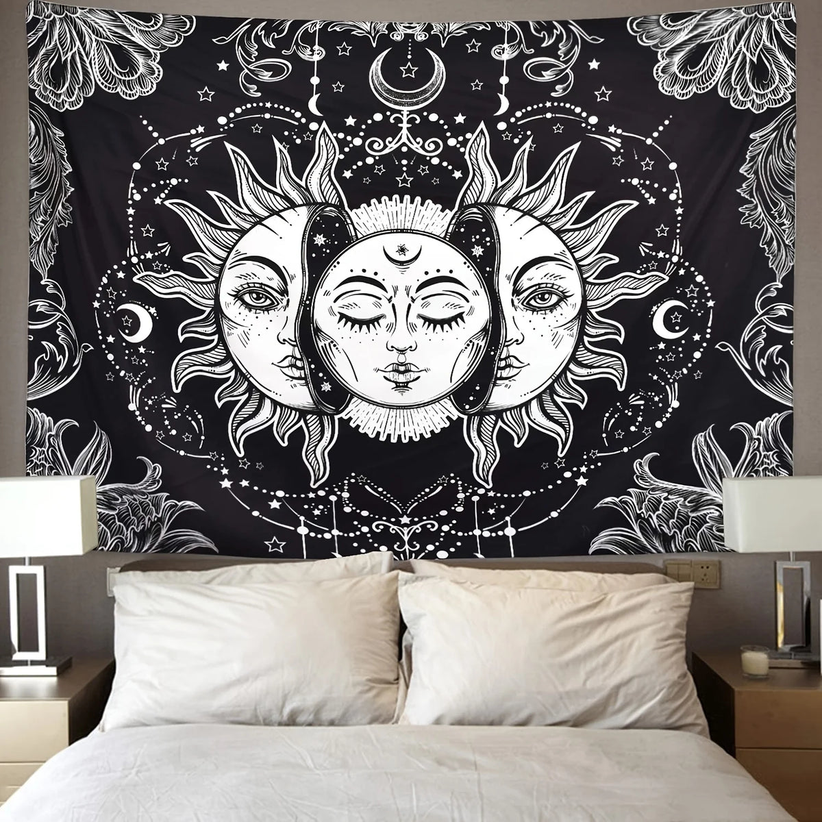 Black tapestry featuring a white line drawing of the sun and moon with zodiac elements.