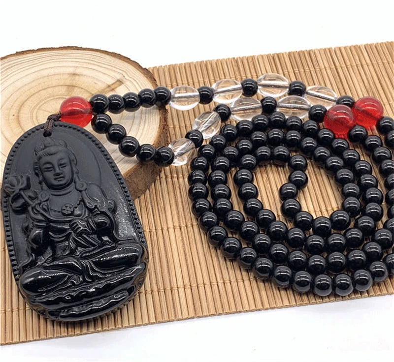 Amitabha Buddha Carved Obsidian Pendant Necklace