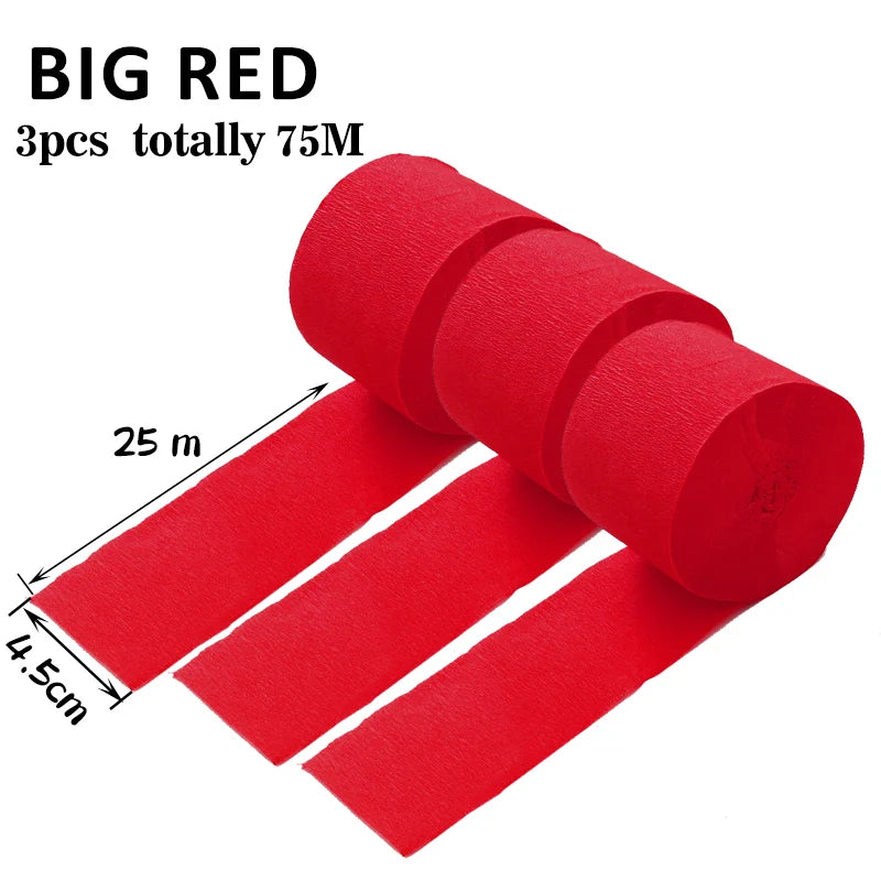 Ein Set rote Crêpepapier-Girlanden, bestehend aus drei 25-Meter-Rollen und vier 4,5-cm-Streifen.