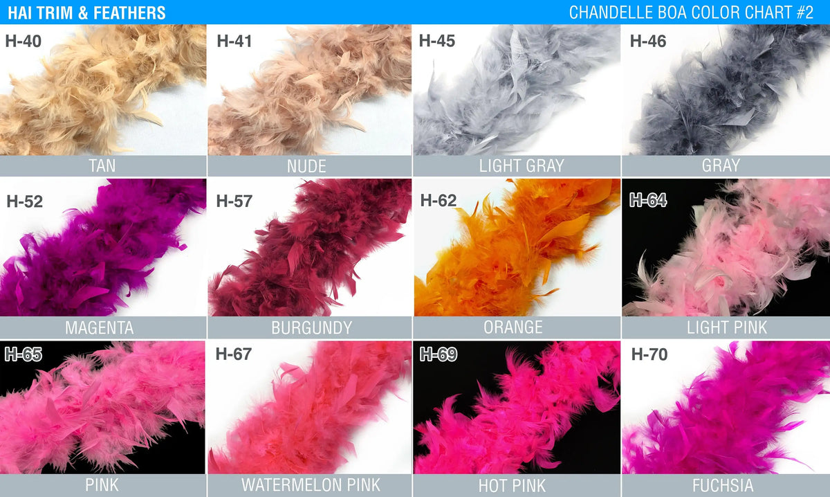 A chart displaying various shades of turkey feather boa colors including tan, nude, light gray, gray, magenta, burgundy, oran