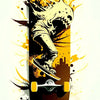 A dynamic illustration of a skull riding a skateboard on a canvas background with vibrant yellow and black accents.