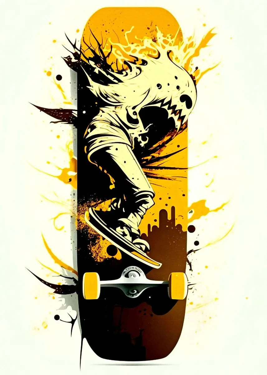 A dynamic illustration of a skull riding a skateboard on a canvas background with vibrant yellow and black accents.