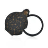A black pocket magnifier with a leather case and keychain attached.