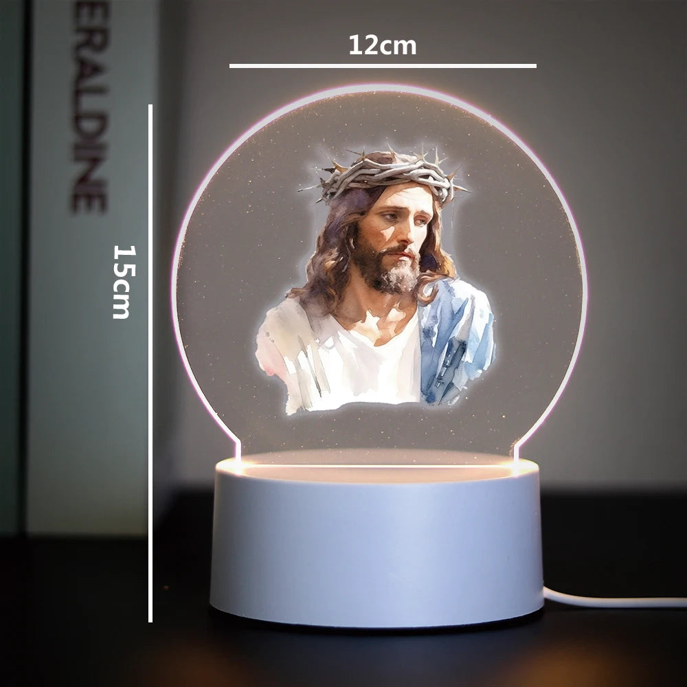 A 3D LED night light featuring a sculpted figure of Jesus with a crown, displayed within a glowing circular frame.
