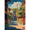 Ukiyo-e anime city street canvas wall art depicting a narrow, sunlit alleyway between traditional buildings.