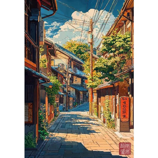 Ukiyo-e anime city street canvas wall art depicting a narrow, sunlit alleyway between traditional buildings.