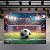 A vibrant soccer field backdrop decorated with confetti and string lights for a birthday celebration.