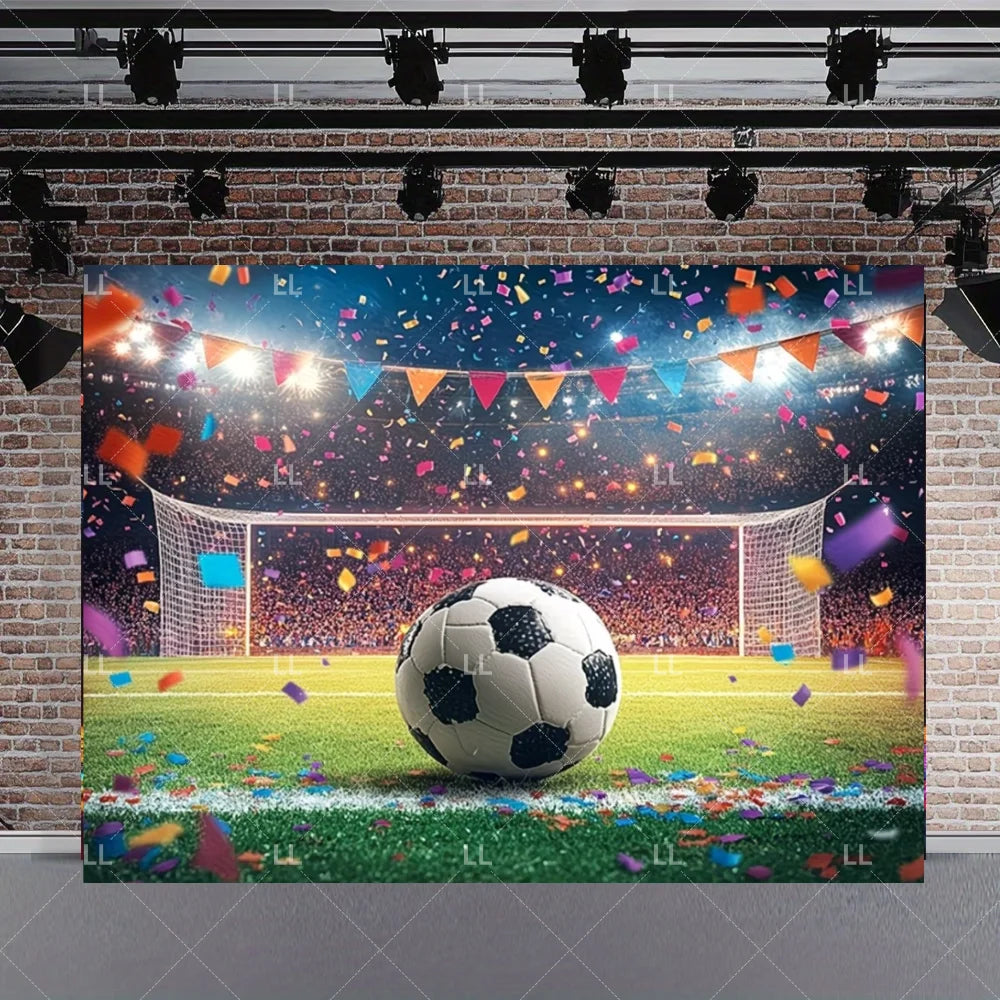A vibrant soccer field backdrop decorated with confetti and string lights for a birthday celebration.