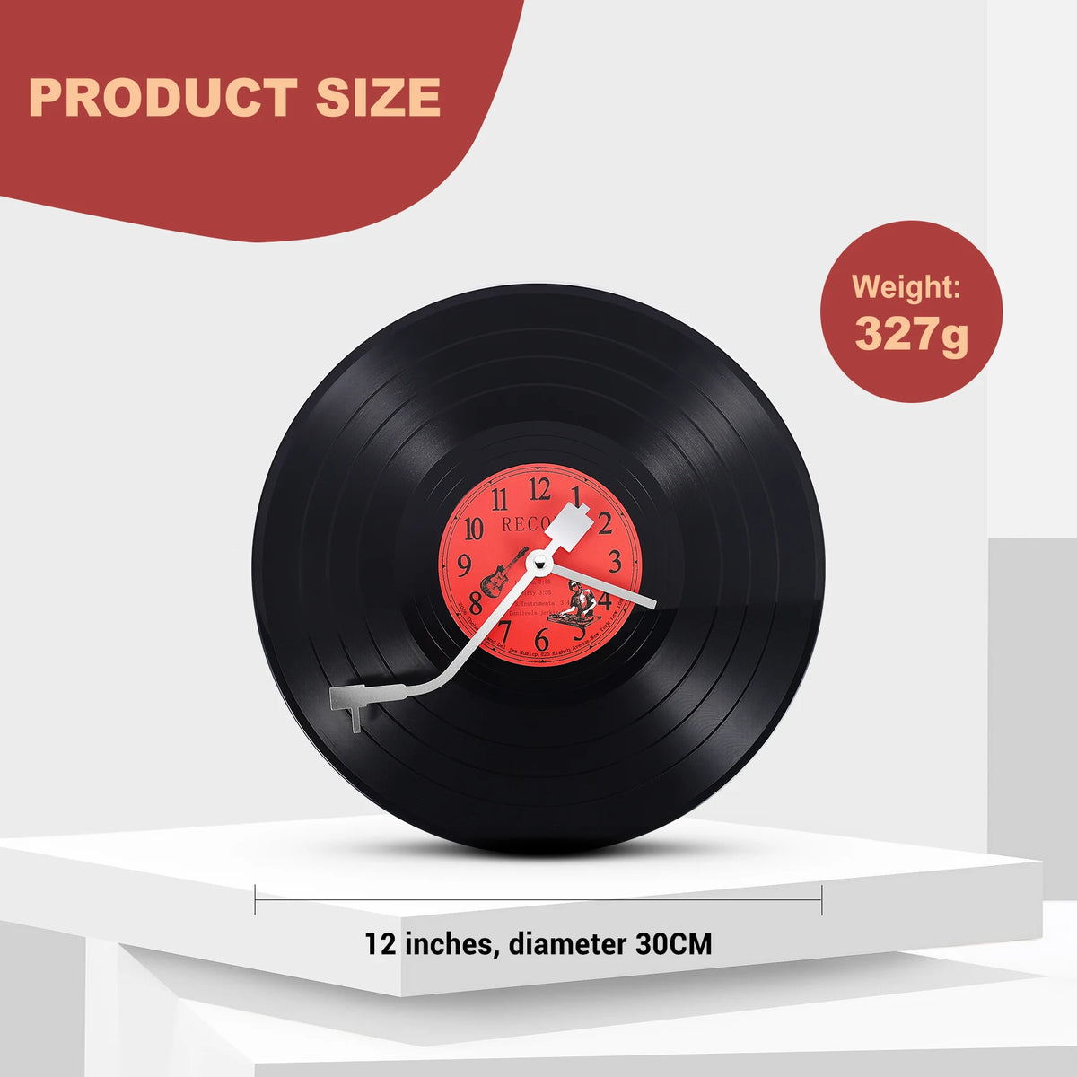 Schwarze Vinyl-Wanduhr mit rotem Zifferblatt und weißer Zeigern, zeigt Produktgröße und Gewicht.