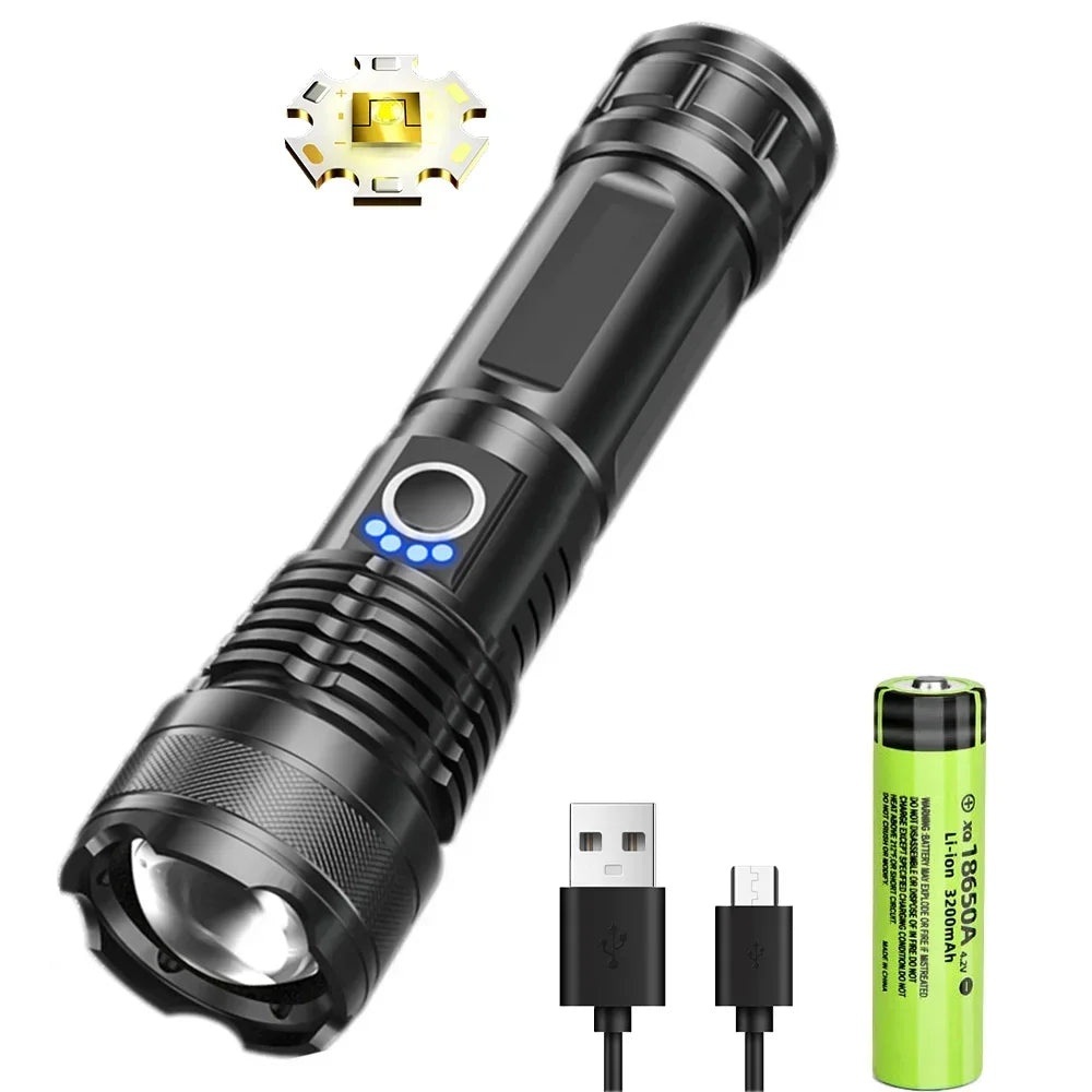 A black rechargeable zoom flashlight with a green tip and USB-C charging port is shown.