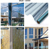 Blue-silver privacy window film installed on a glass pane, showing before and after results.