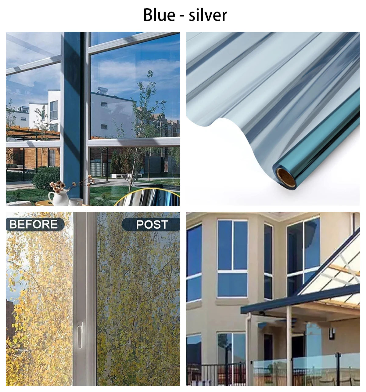 Blue-silver privacy window film installed on a glass pane, showing before and after results.