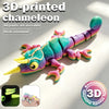 A 3D-printed chameleon fidget toy with movable joints in vibrant green and purple colors.