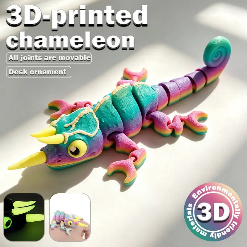A 3D-printed chameleon fidget toy with movable joints in vibrant green and purple colors.