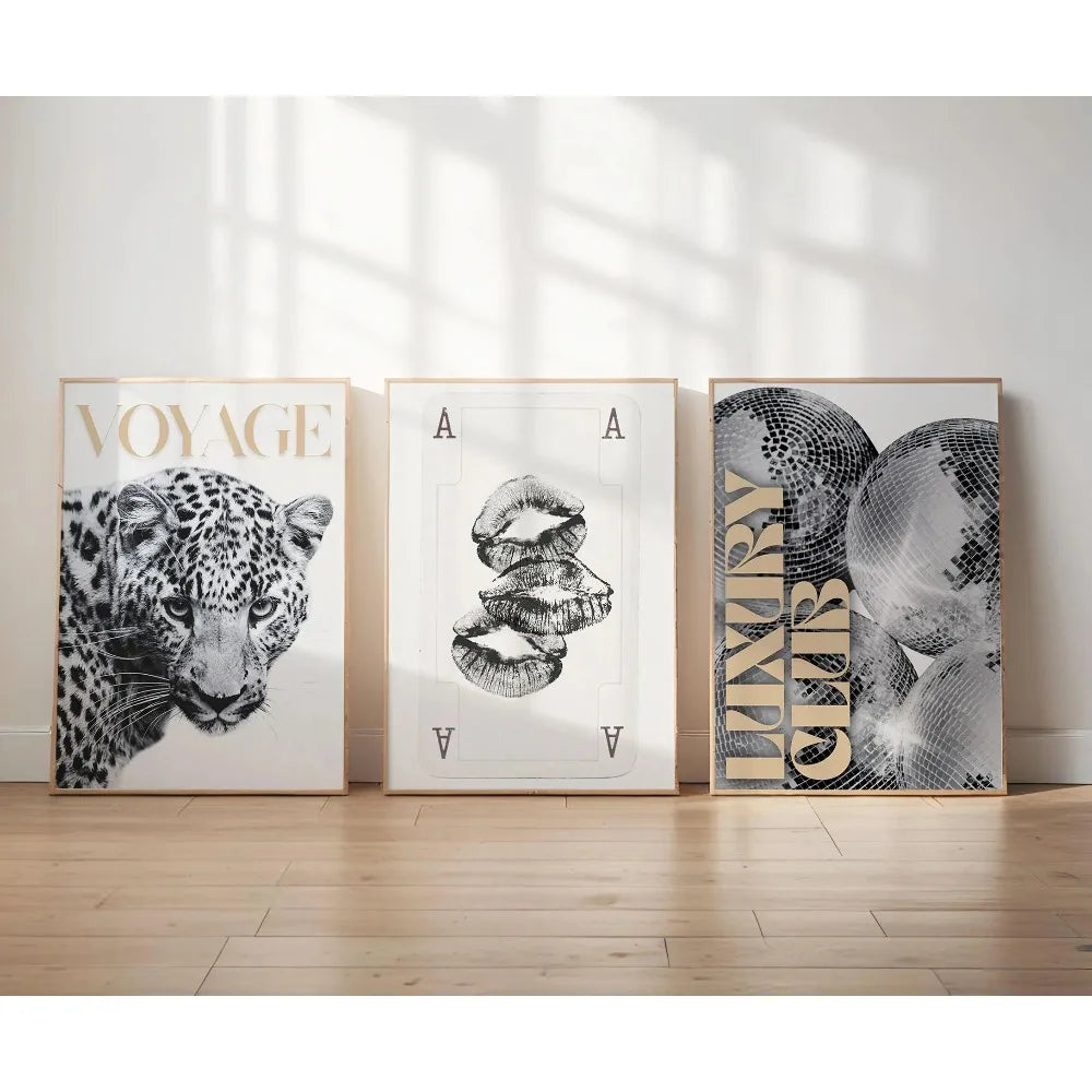 Frameless Leopard & Black-White Gallery Canvas Poster Set (3-Piece)