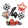 A set of birthday racing car party decorations including a star, a checkered ball, and a black letter N.