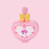 A pink bottle shaped like a heart with a yellow bow, a My Little Pony collectible figurine.
