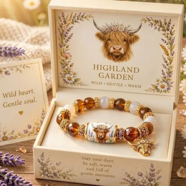 A gold stretch charm bracelet featuring a small lion head charm set in amber and silver on a cream-colored box.