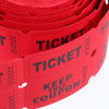 A stack of red tearable raffle tickets with black text and ticket numbers visible.