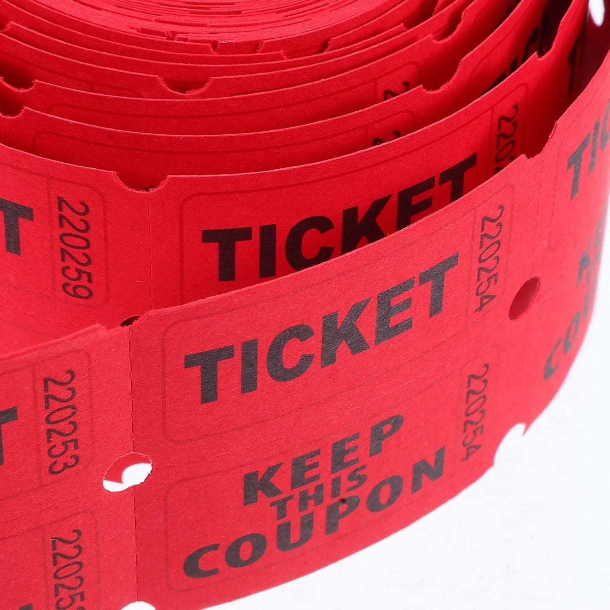 A stack of red tearable raffle tickets with black text and ticket numbers visible.