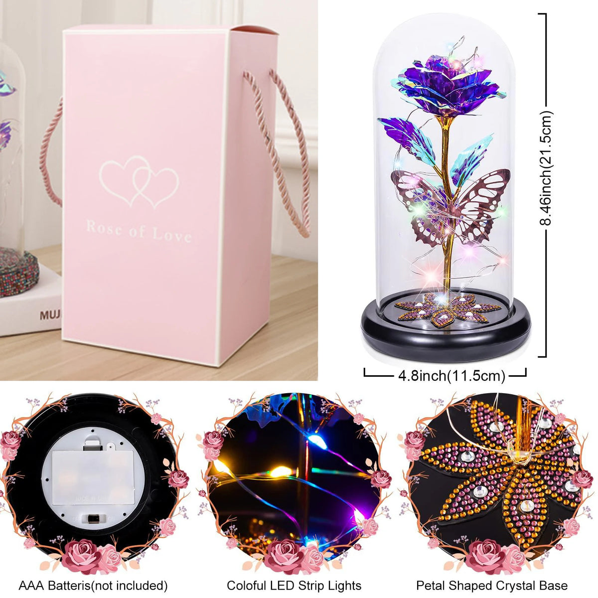 Rose of Love crystal flower in an illuminated glass dome with a petal shaped crystal base
