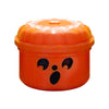 An orange miniature pumpkin bucket with a textured lid and a face design for Halloween treats and decor.