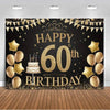 A black backdrop for a 60th birthday photo booth decorated with gold confetti, stars, and balloons.