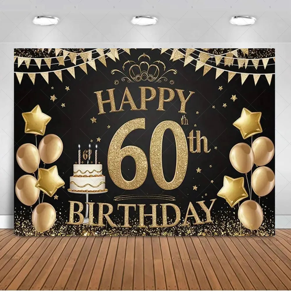 A black backdrop for a 60th birthday photo booth decorated with gold confetti, stars, and balloons.
