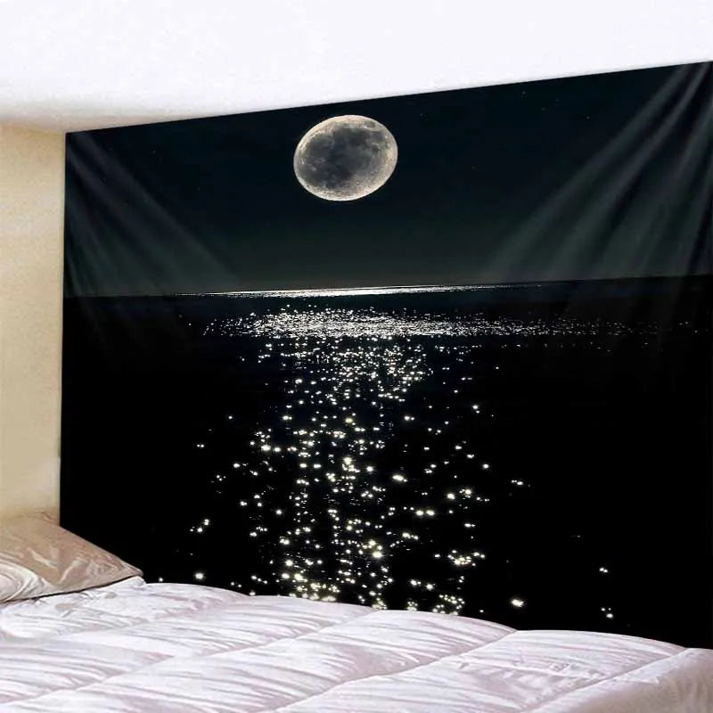 A dark tapestry featuring a bright full moon and sparkling stars over a dark ocean horizon.
