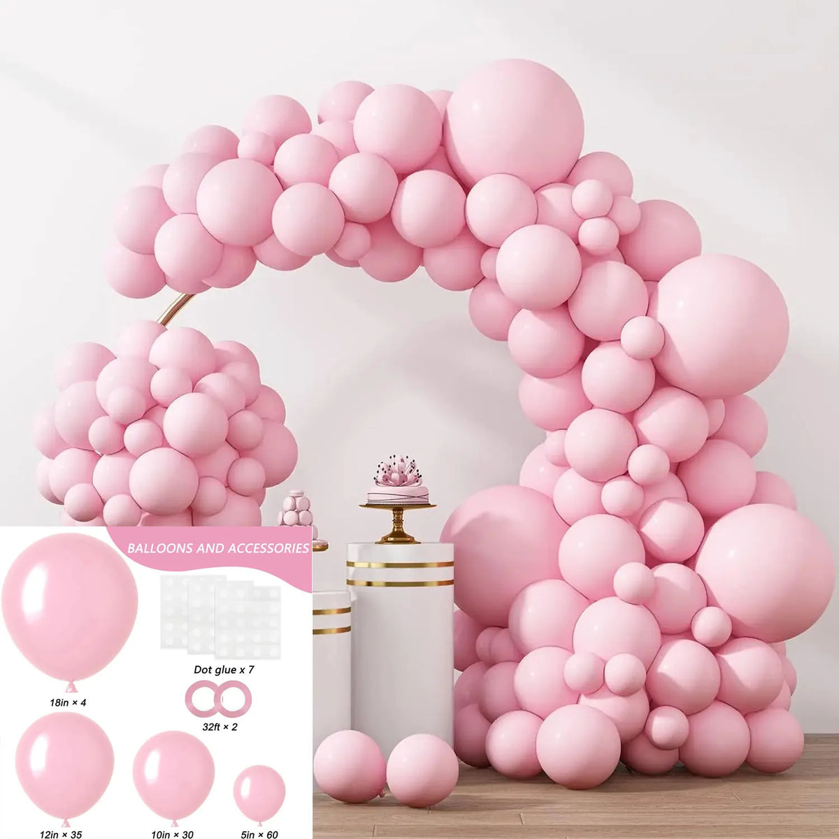 A large arch made of pink balloons with various sizes and accessories for party decorations