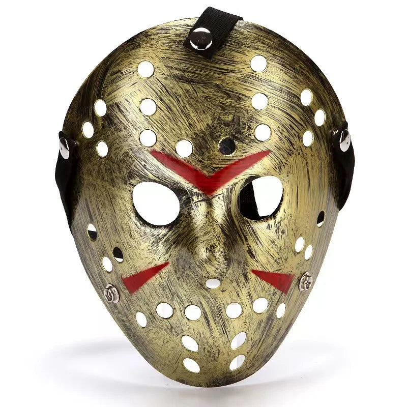 A realistic horror animal mask with a textured gold and brown finish featuring perforations and red accents.