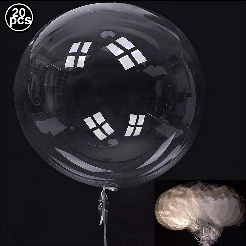 A clear balloon filled with white, geometric confetti or decorations is shown against a dark background.